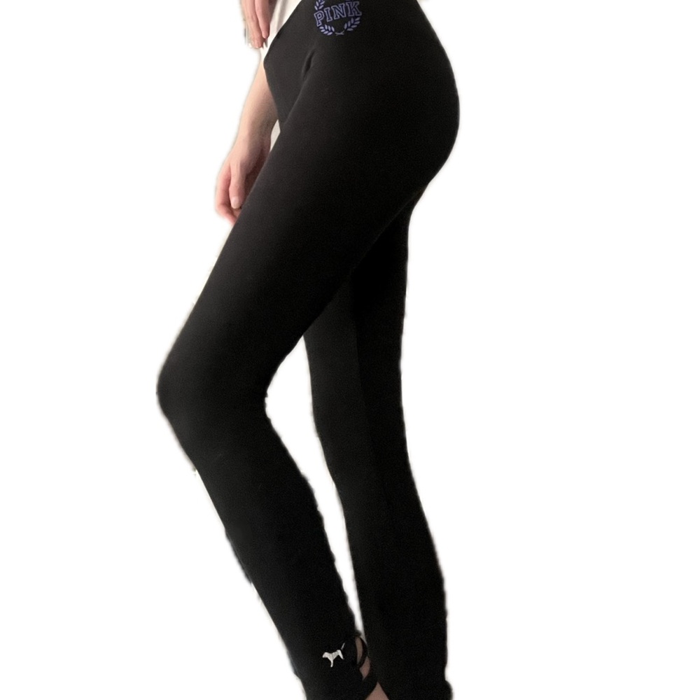 PINK Victoria Secret Black Leggings with Purple Logo